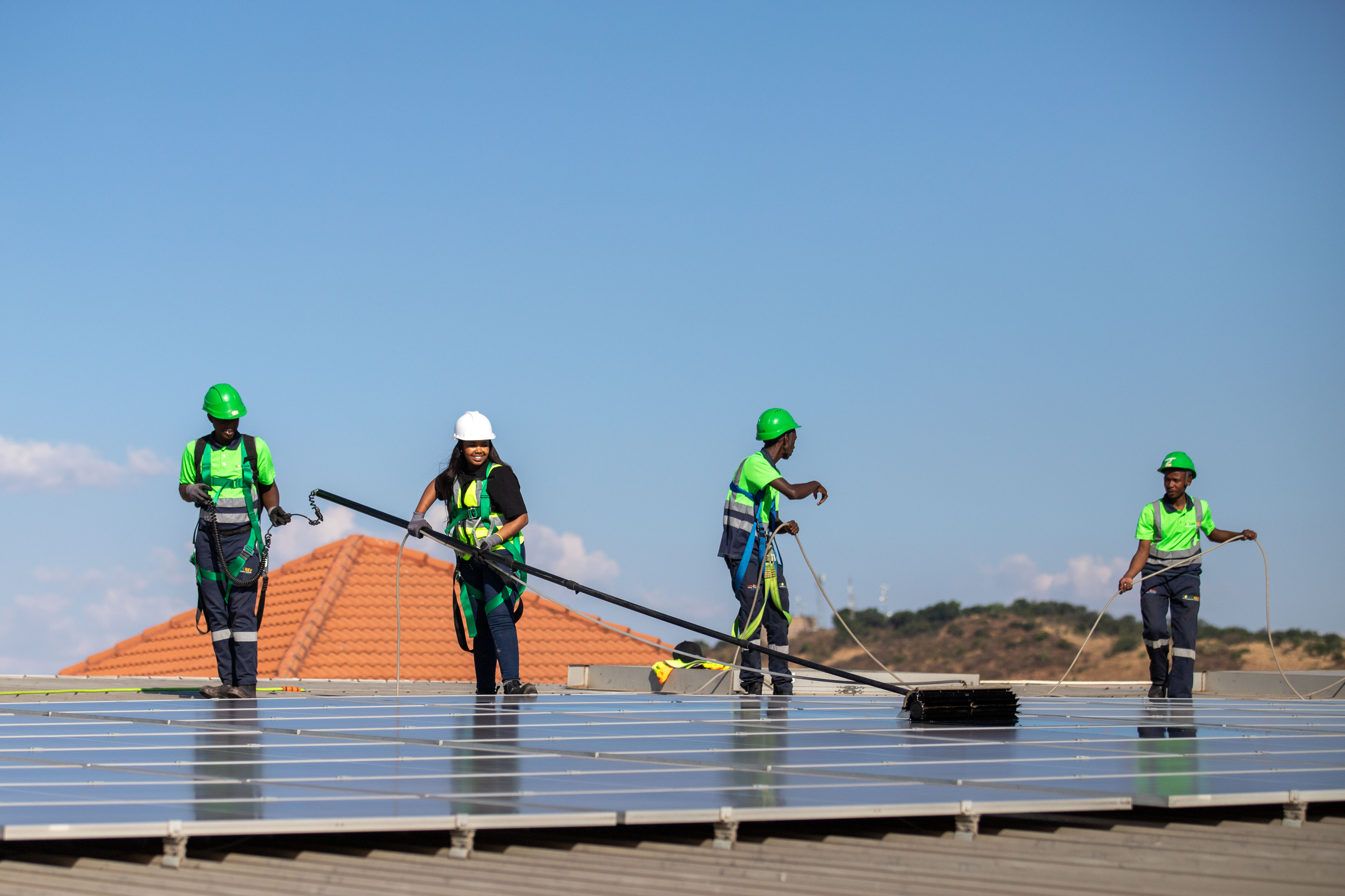 Clean solar panels on commercial rooftop